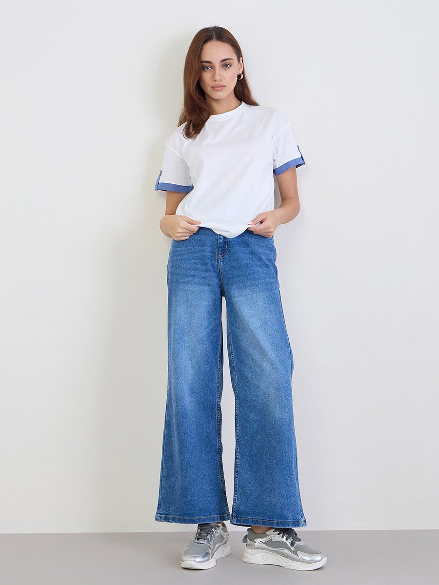 Women Cotton T-Shirt with Contrast Cuff Detail