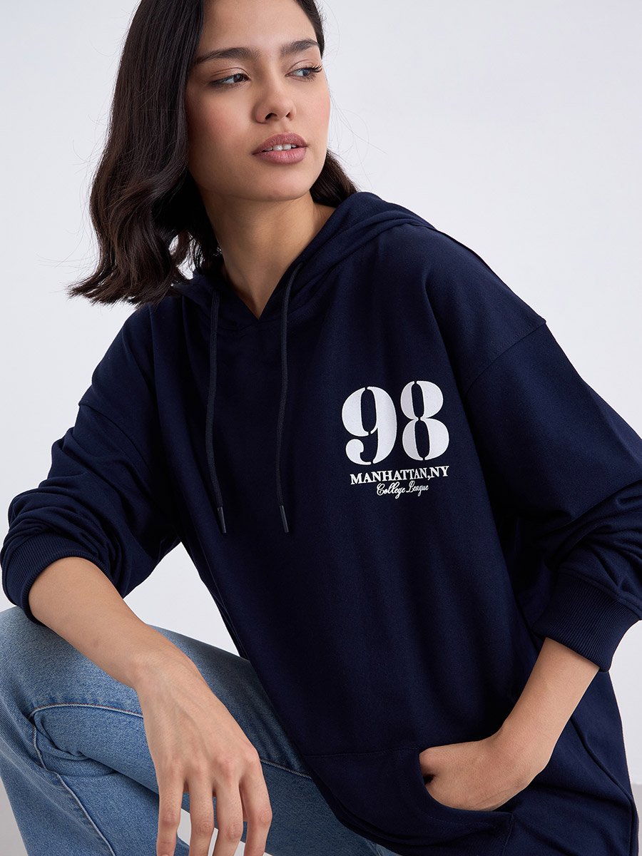 Navy Blue Oversized Graphic Print Hoodie