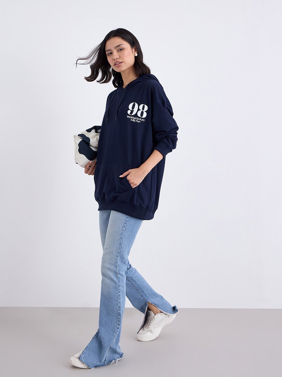 Navy Blue Oversized Graphic Print Hoodie