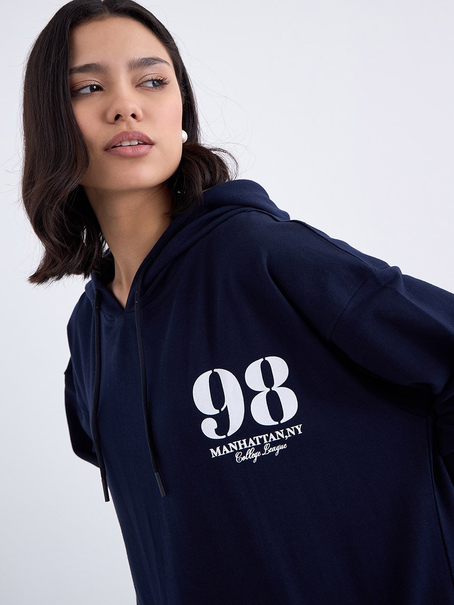 Navy Blue Oversized Graphic Print Hoodie