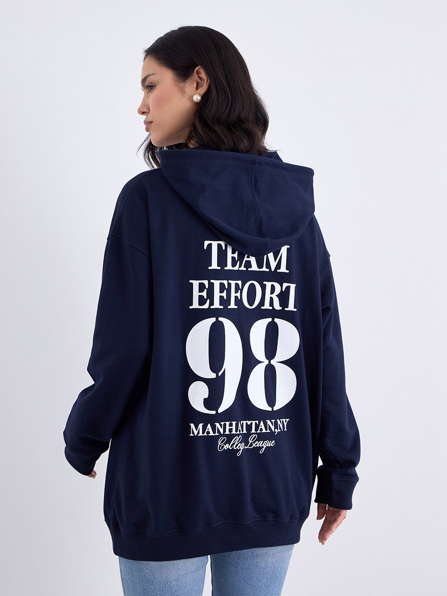 Navy Blue Oversized Graphic Print Hoodie