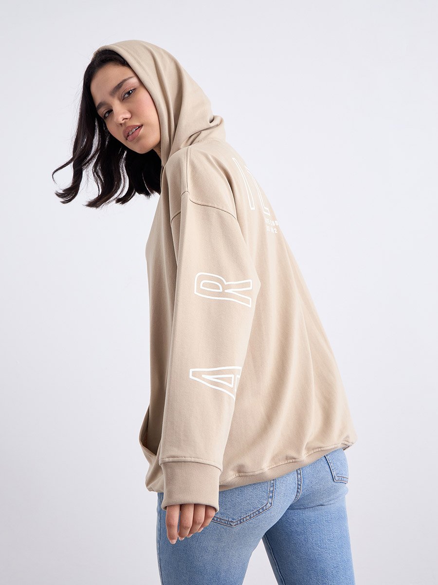 Tan Graphic Print Longline Oversized Hoodie