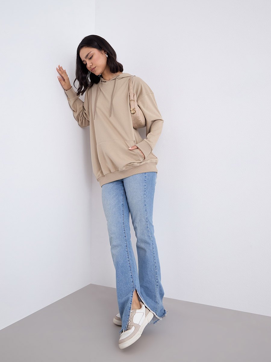 Tan Graphic Print Longline Oversized Hoodie