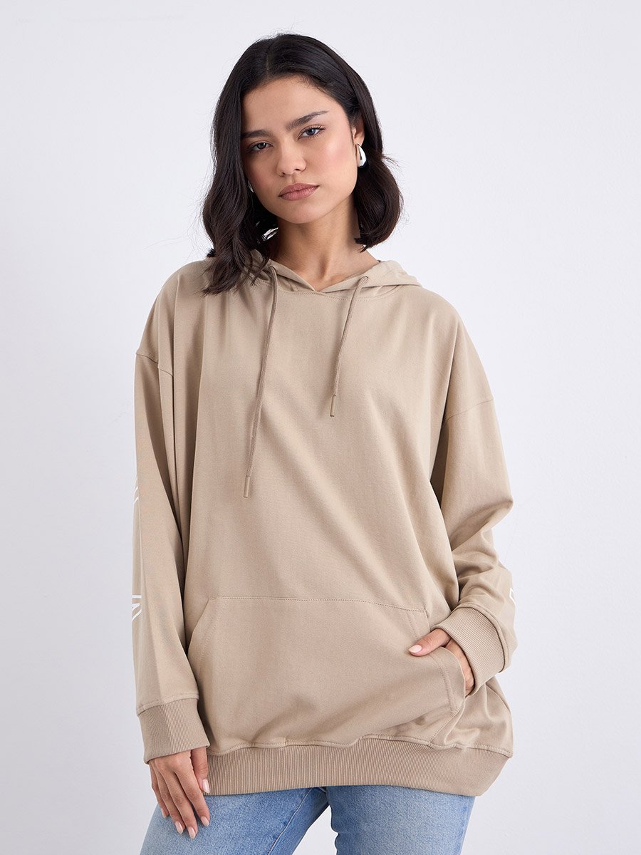 Tan Graphic Print Longline Oversized Hoodie