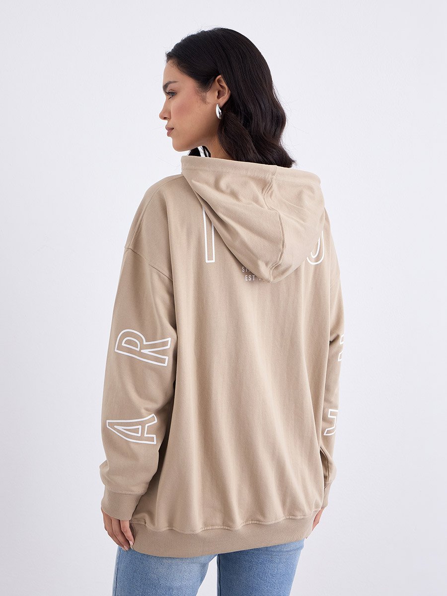 Tan Graphic Print Longline Oversized Hoodie