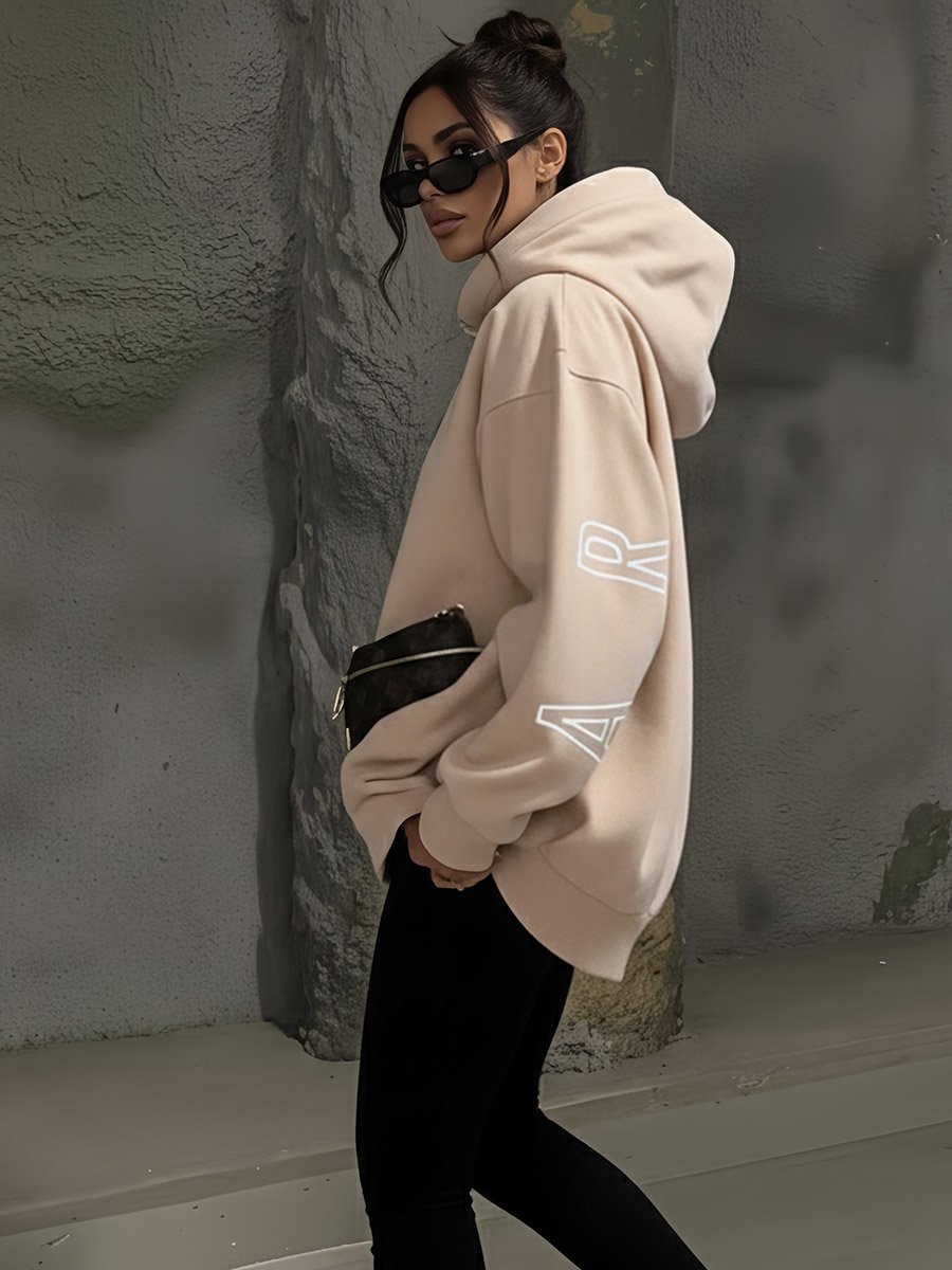 Tan Graphic Print Longline Oversized Hoodie