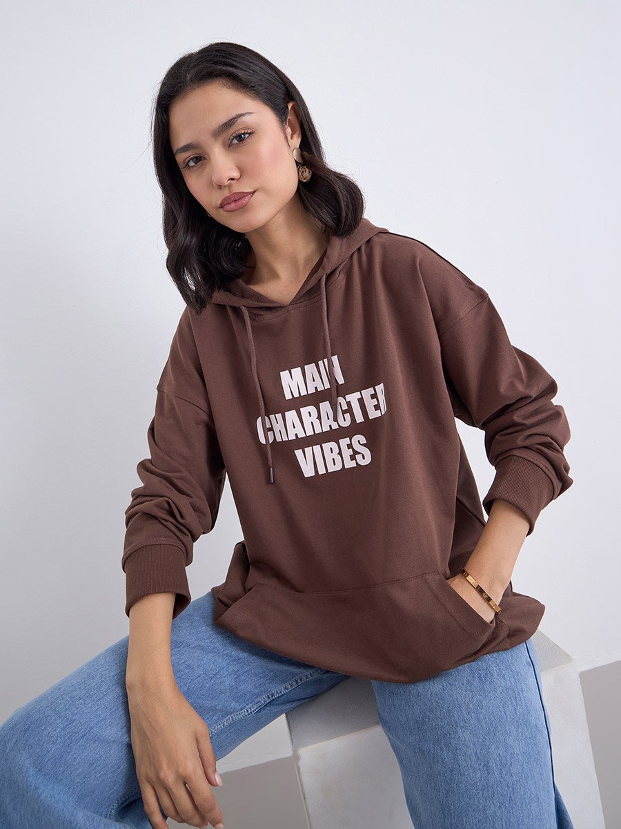 Brown Oversized Slogan Print Hoodie