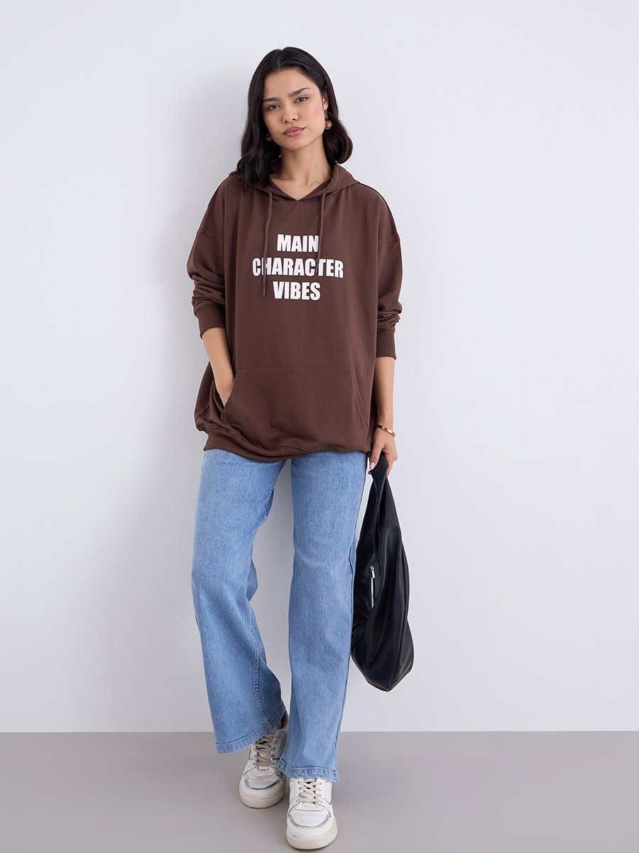 Brown Oversized Slogan Print Hoodie