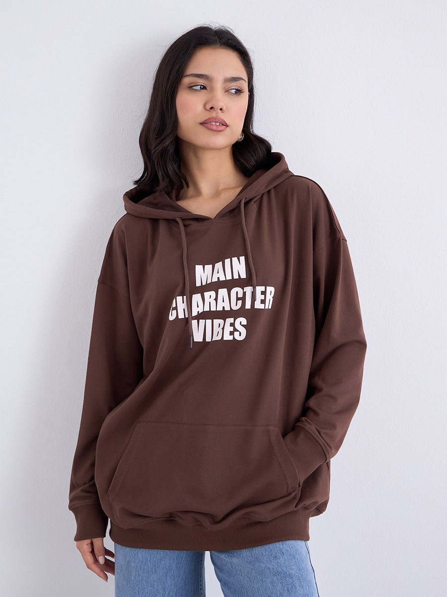 Brown Oversized Slogan Print Hoodie