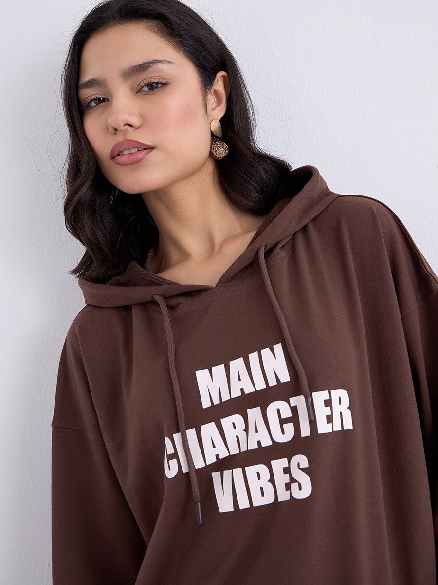 Brown Oversized Slogan Print Hoodie
