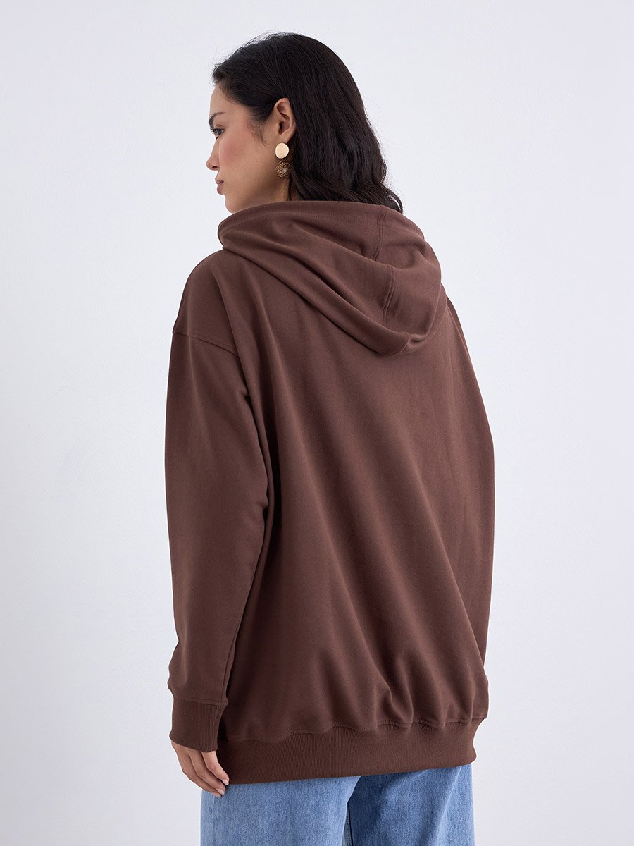 Brown Oversized Slogan Print Hoodie
