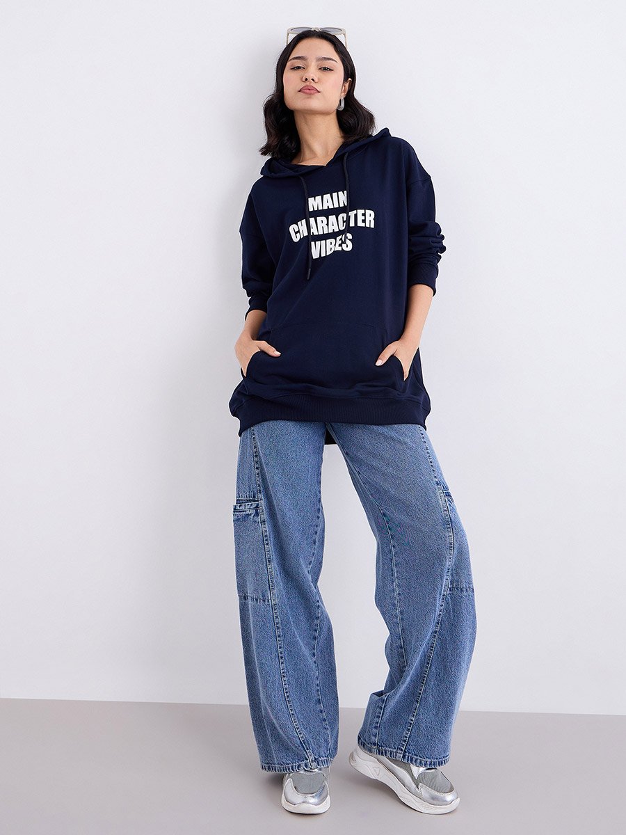 Dark Blue Oversized Slogan Print Hoodie