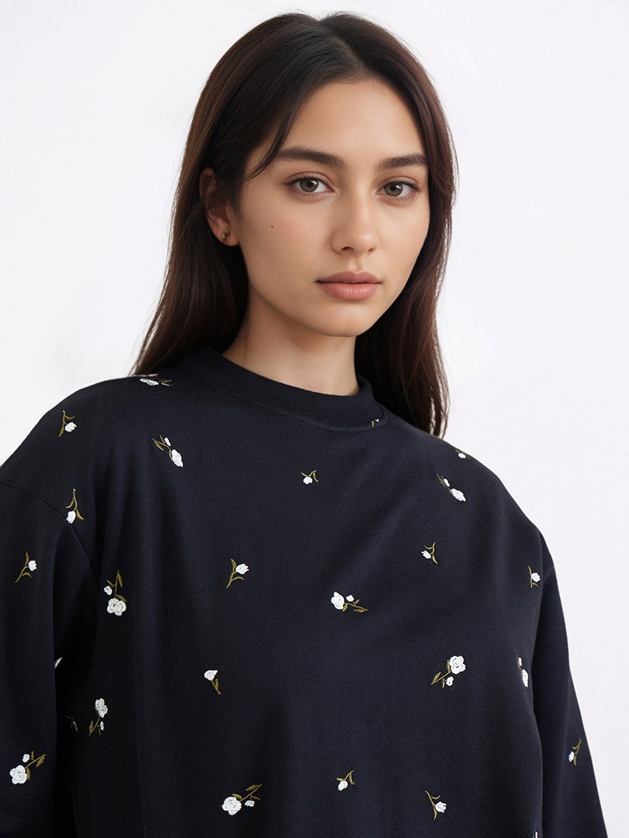 Black Regular Fit Longline Embroidered Sweatshirt
