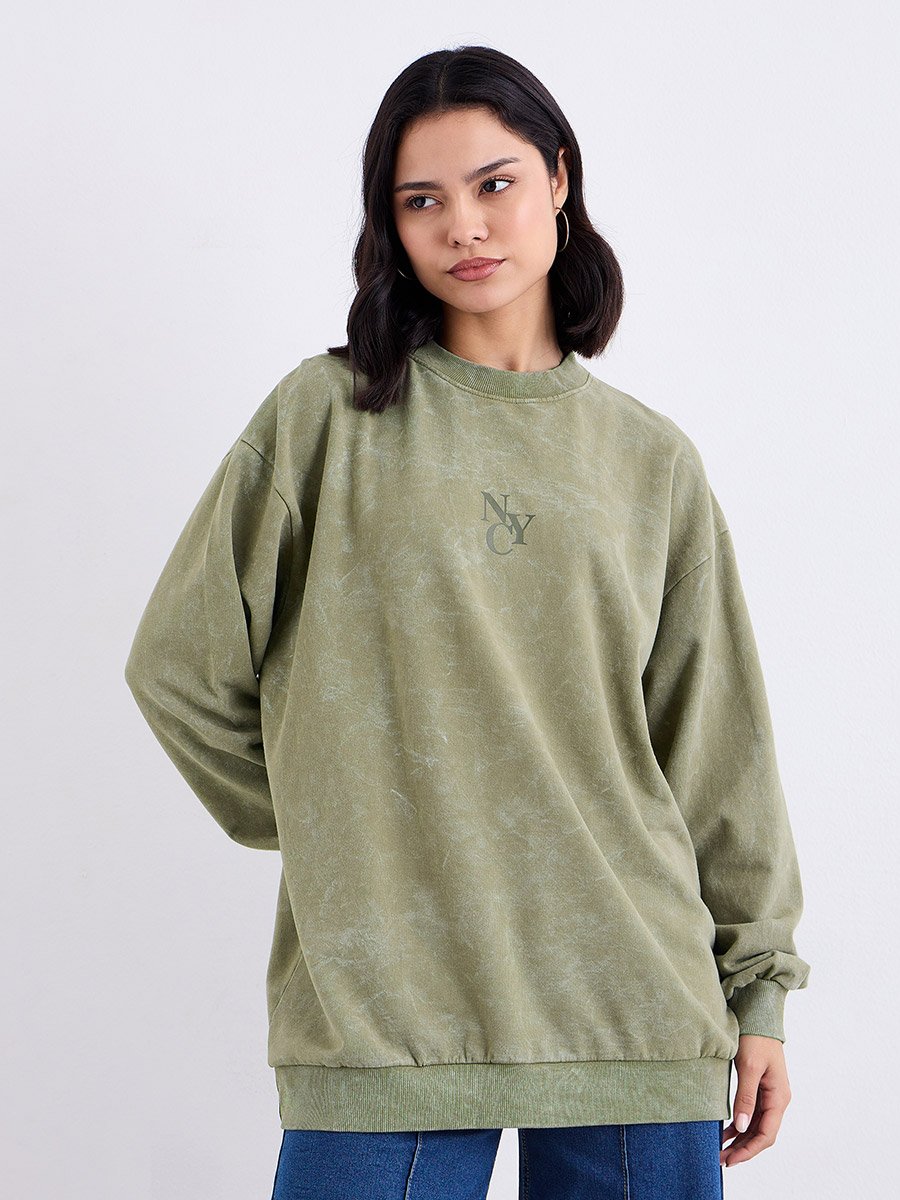 Olive Slogan Print Longline Sweatshirt