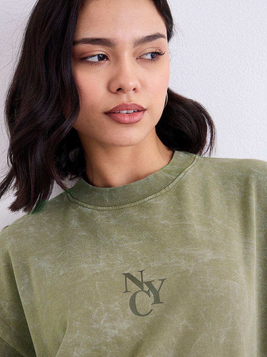 Olive Slogan Print Longline Sweatshirt