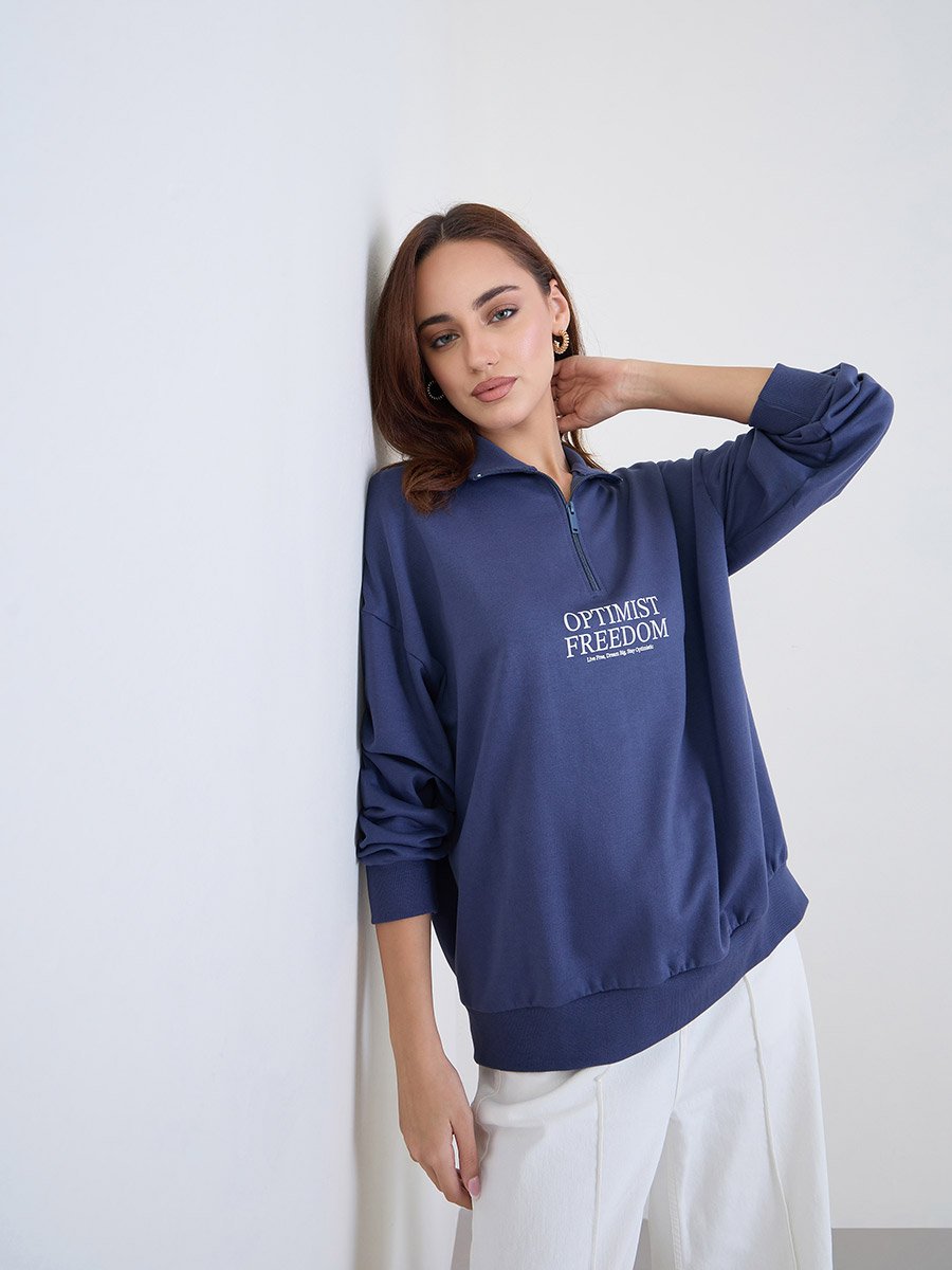 Dark Blue Regular Fit Sweatshirt with Quarter Zip