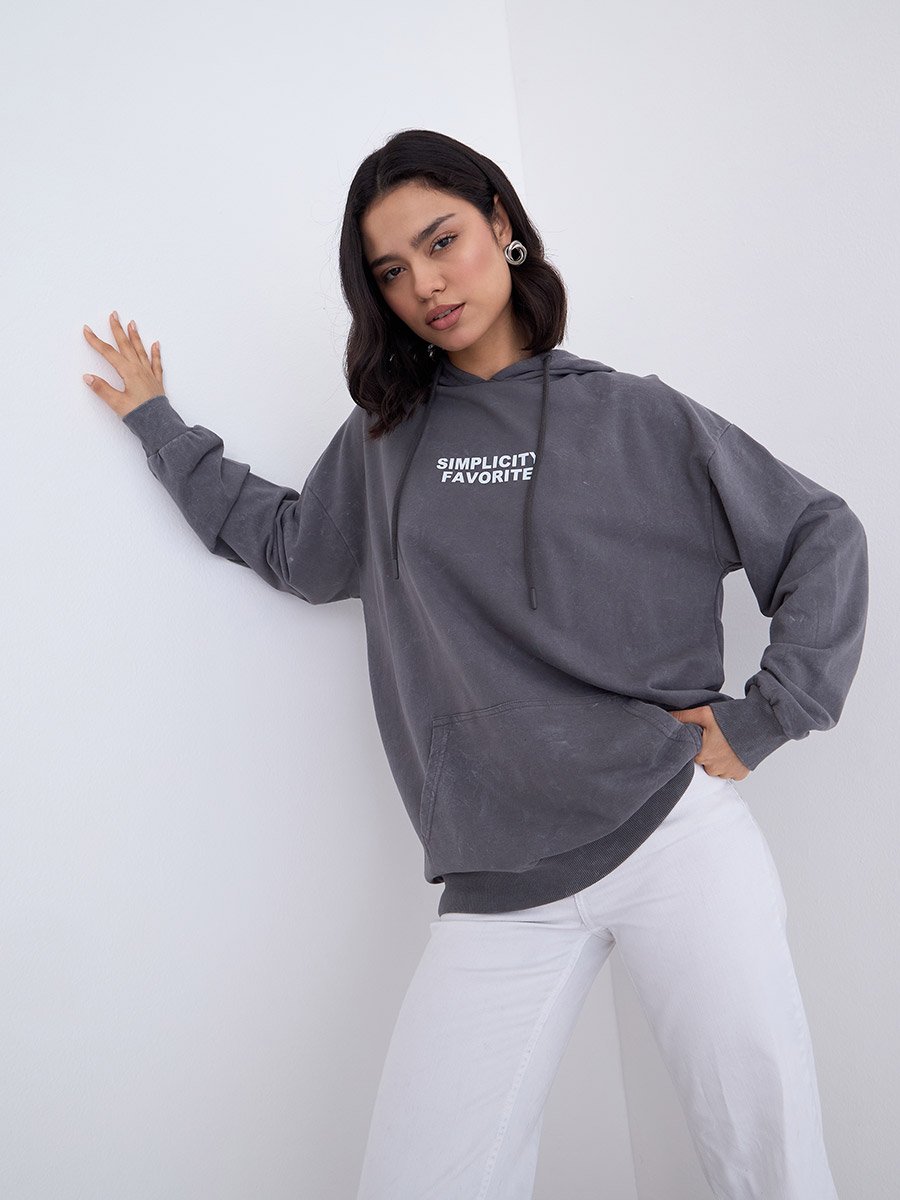 Charcoal Slogan Print Oversized Hoodie
