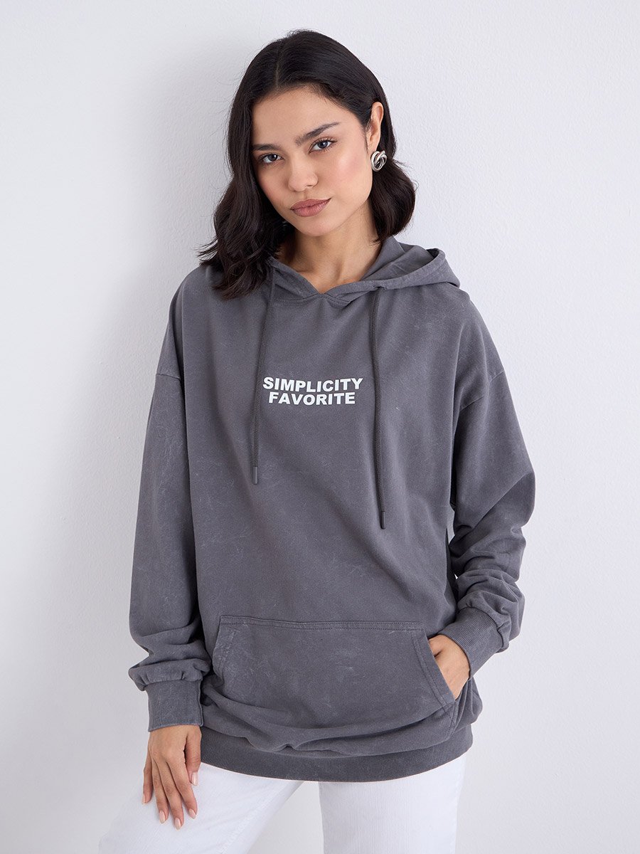 Charcoal Slogan Print Oversized Hoodie