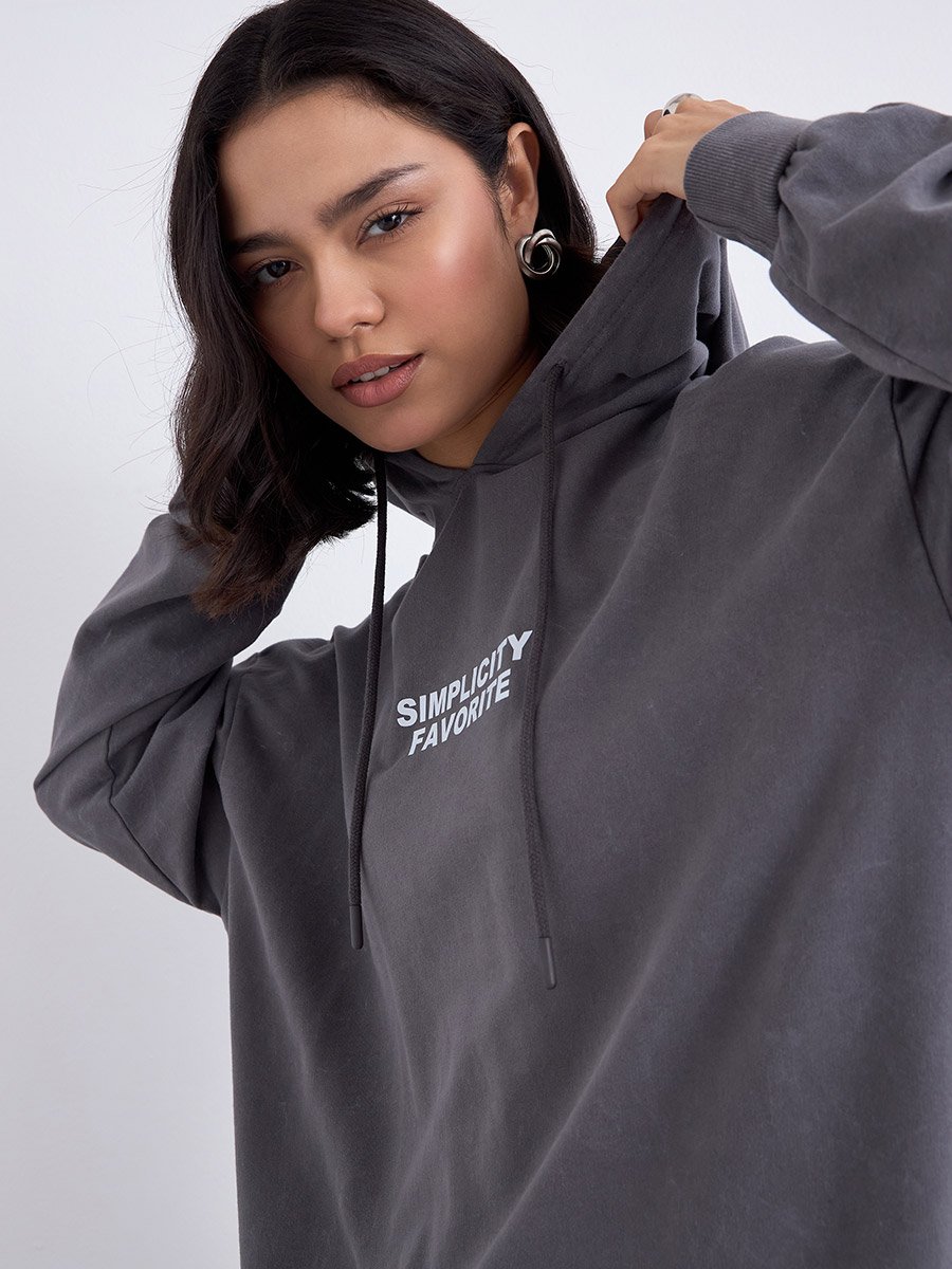Charcoal Slogan Print Oversized Hoodie