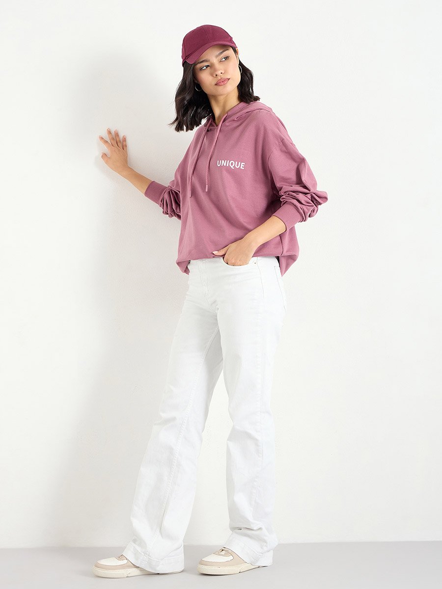 Women Pink Embroidered Longline Hoodie