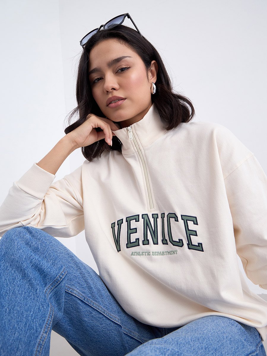 Cream Embroidered Longline Sweatshirt