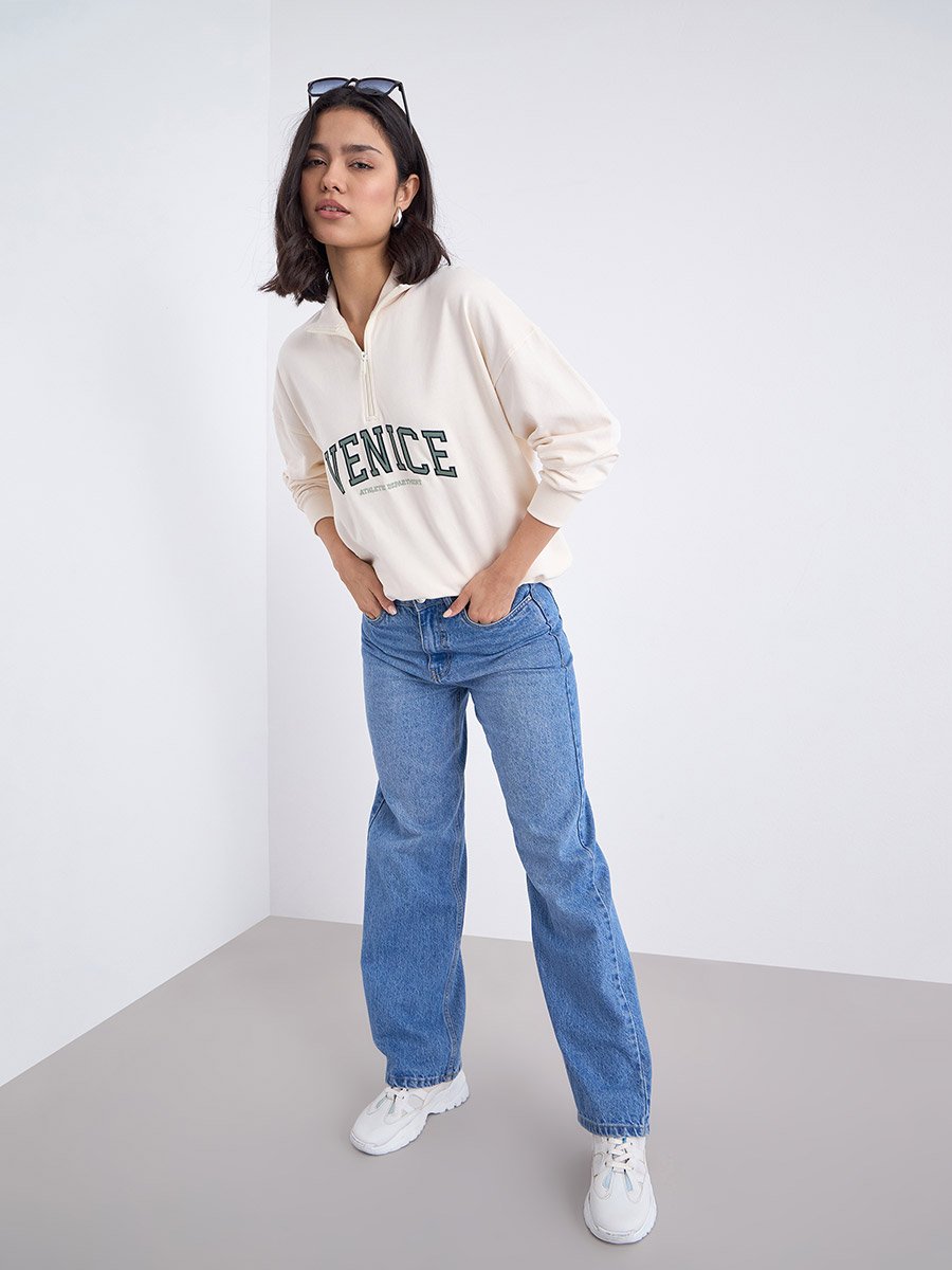 Cream Embroidered Longline Sweatshirt