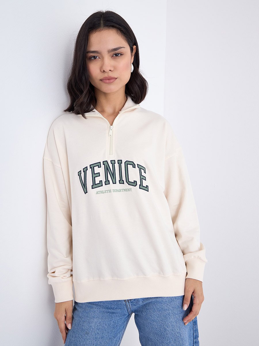 Cream Embroidered Longline Sweatshirt