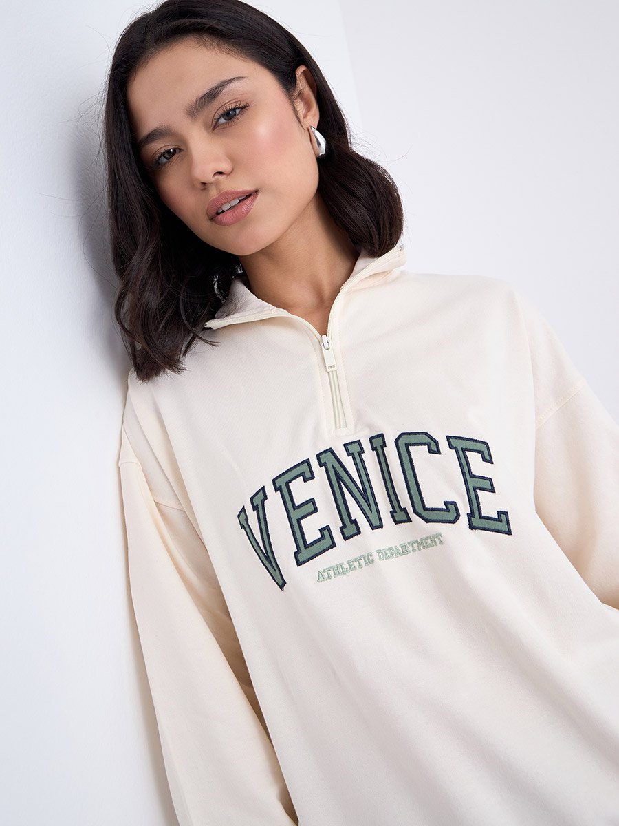 Cream Embroidered Longline Sweatshirt