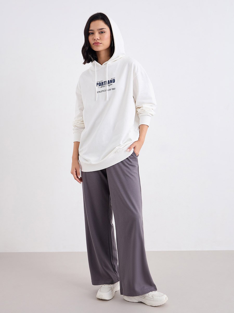 Off White Longline Hoodie with Slogan Print