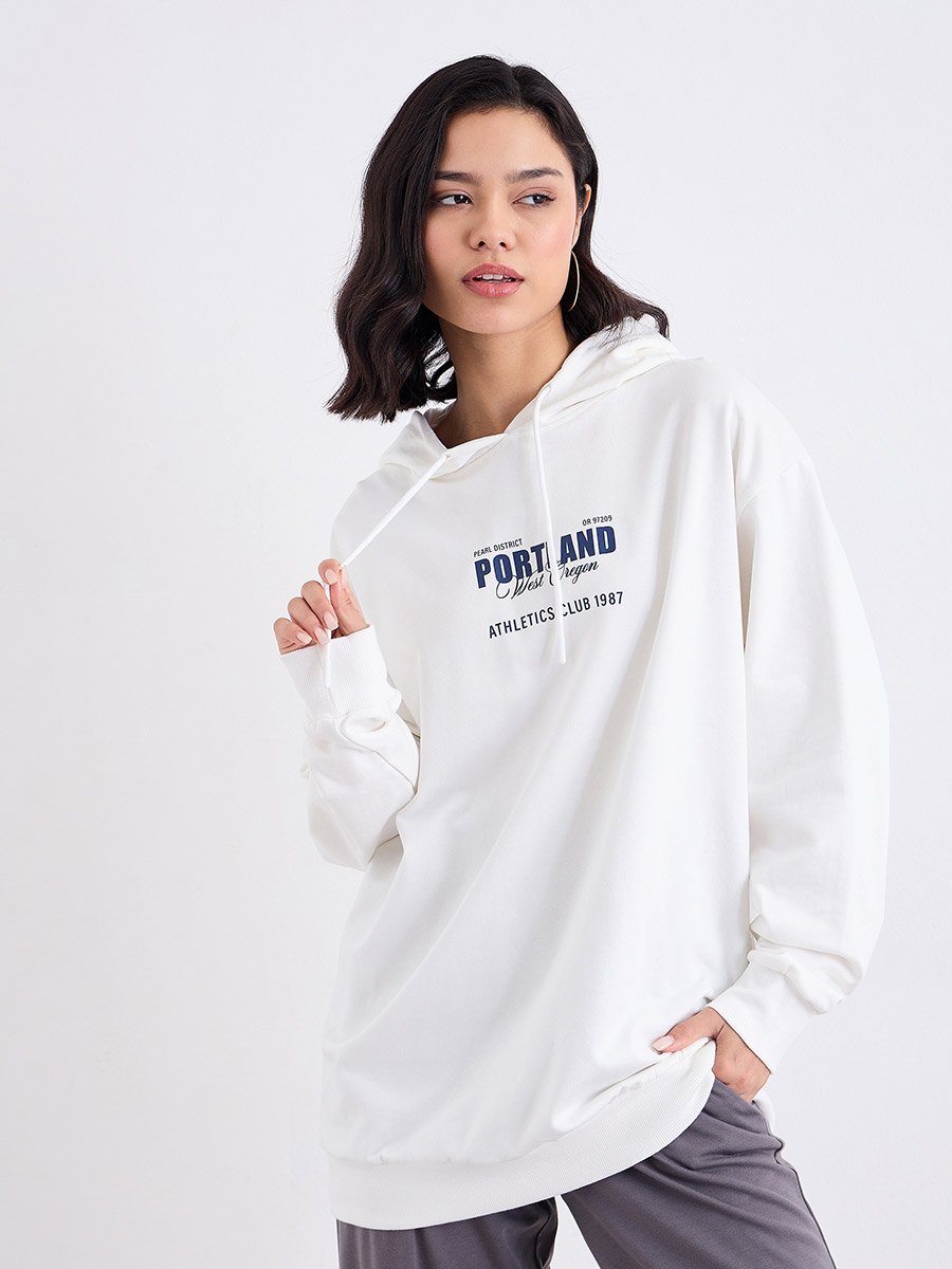 Off White Longline Hoodie with Slogan Print