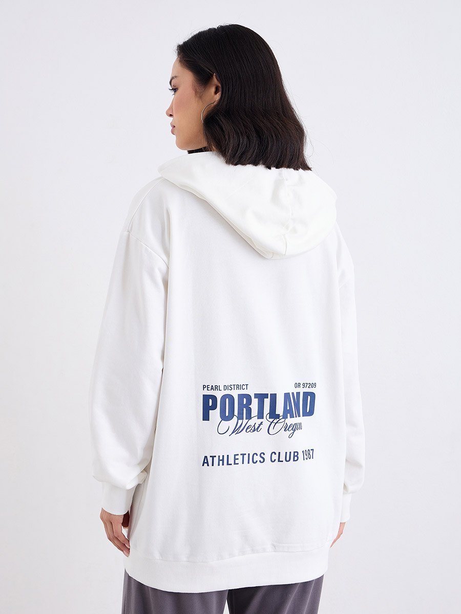 Off White Longline Hoodie with Slogan Print