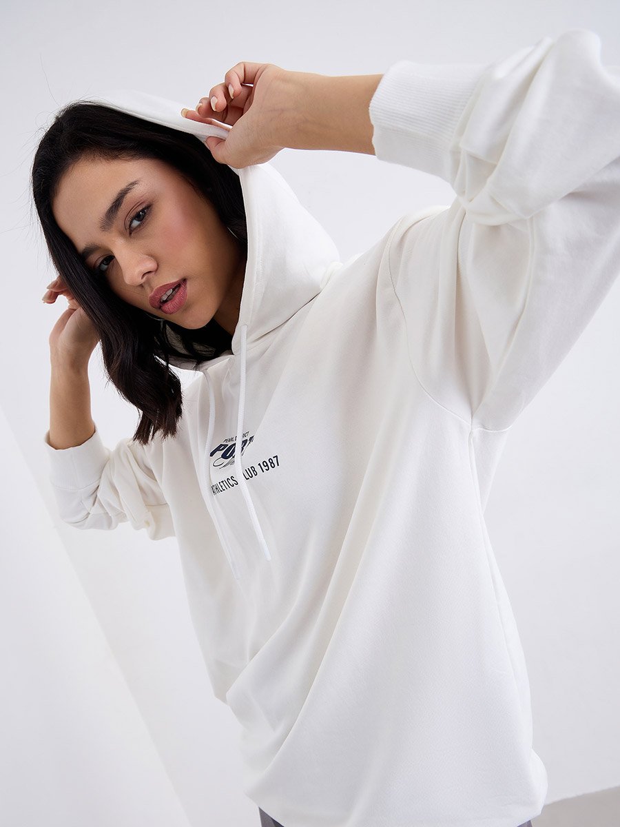 Off White Longline Hoodie with Slogan Print
