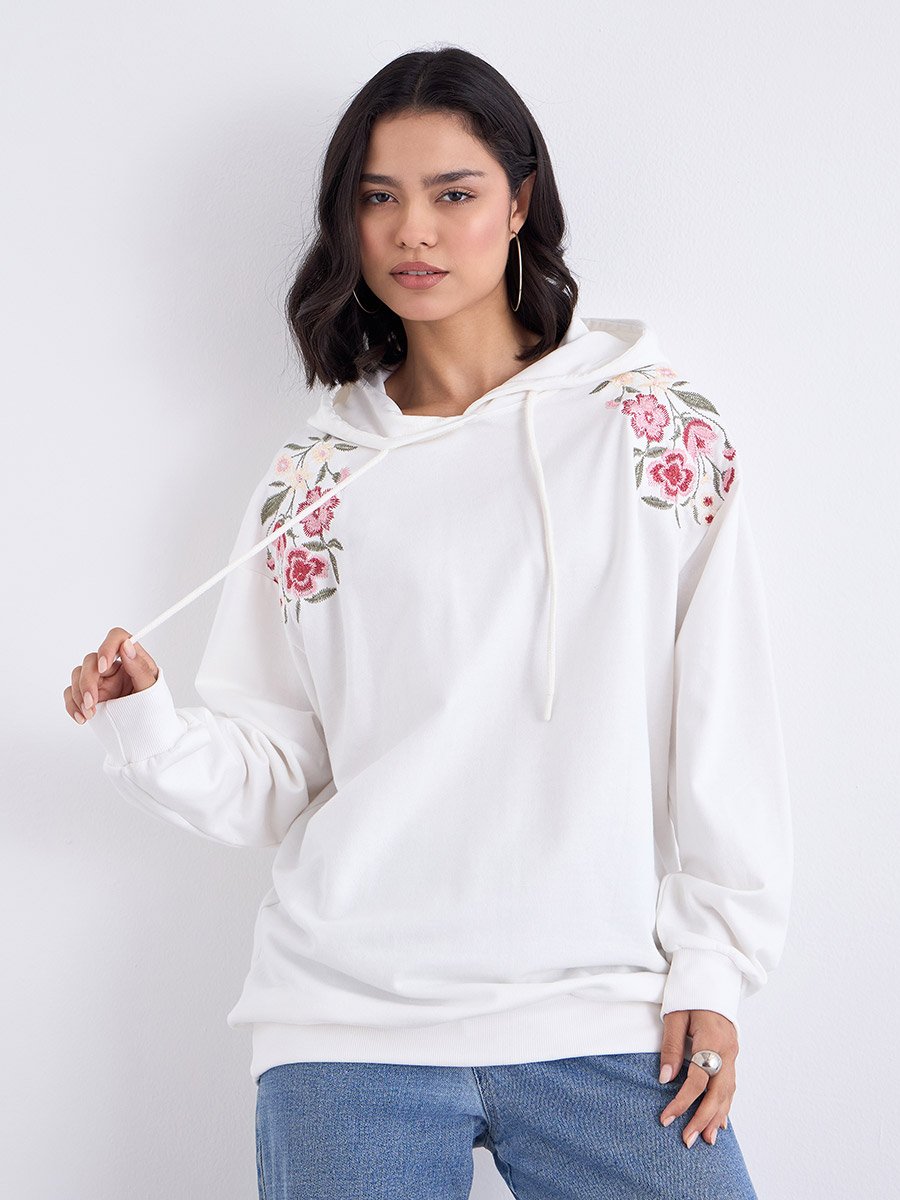 Off-White Embroidered Flower Hoodie For Women at UAE | Styli