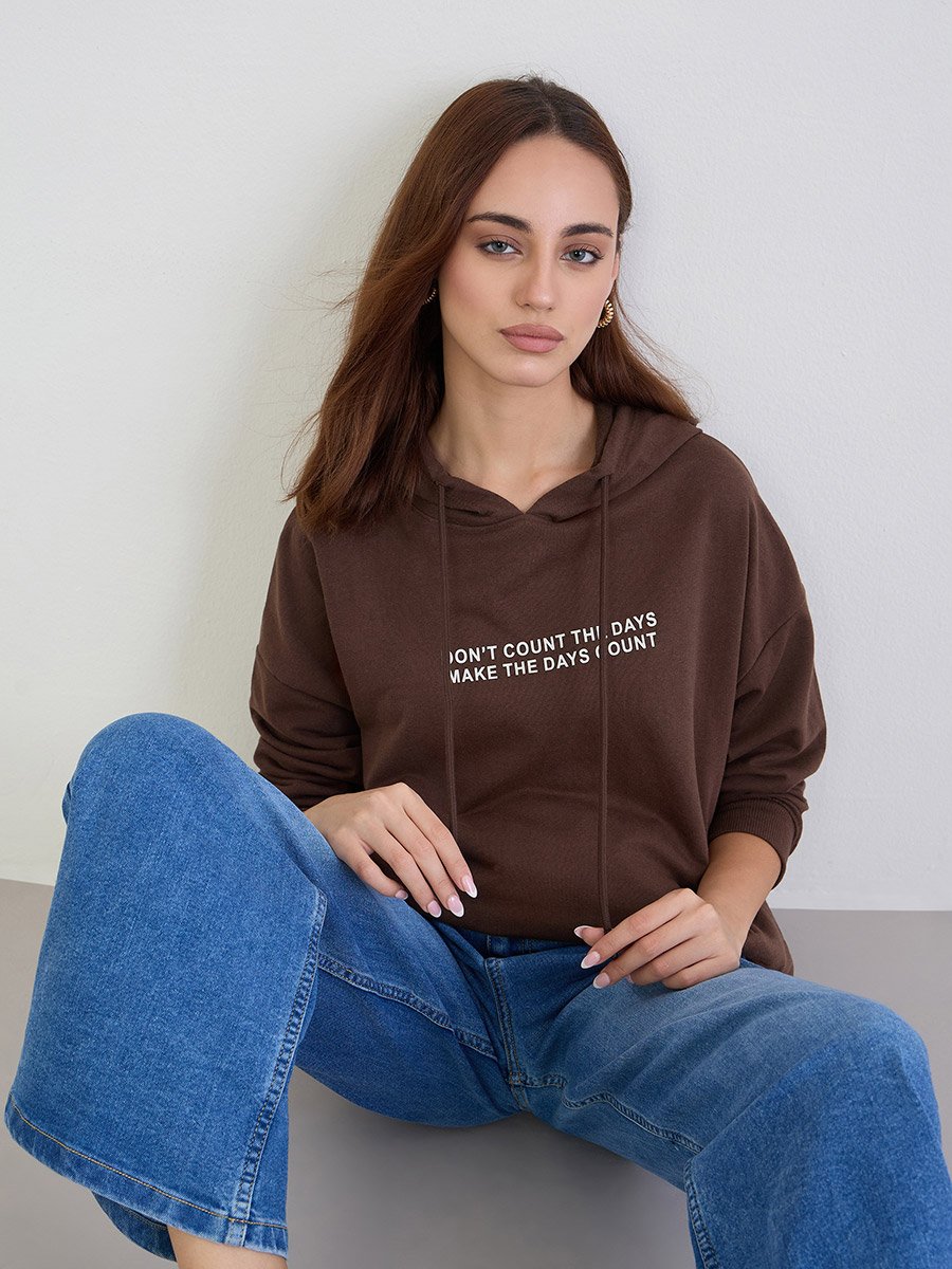 Brown Oversized Slogan Print Hoodie