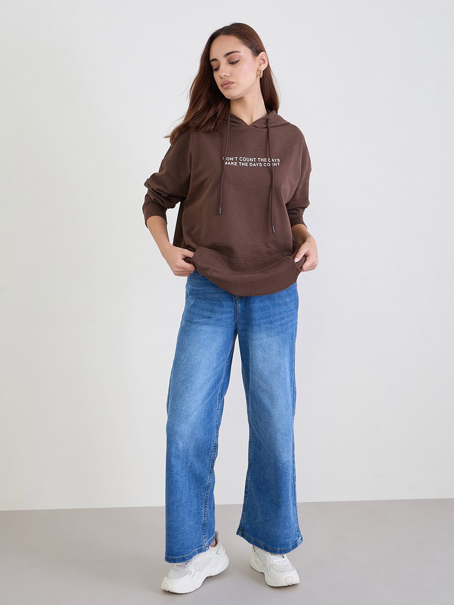 Brown Oversized Slogan Print Hoodie