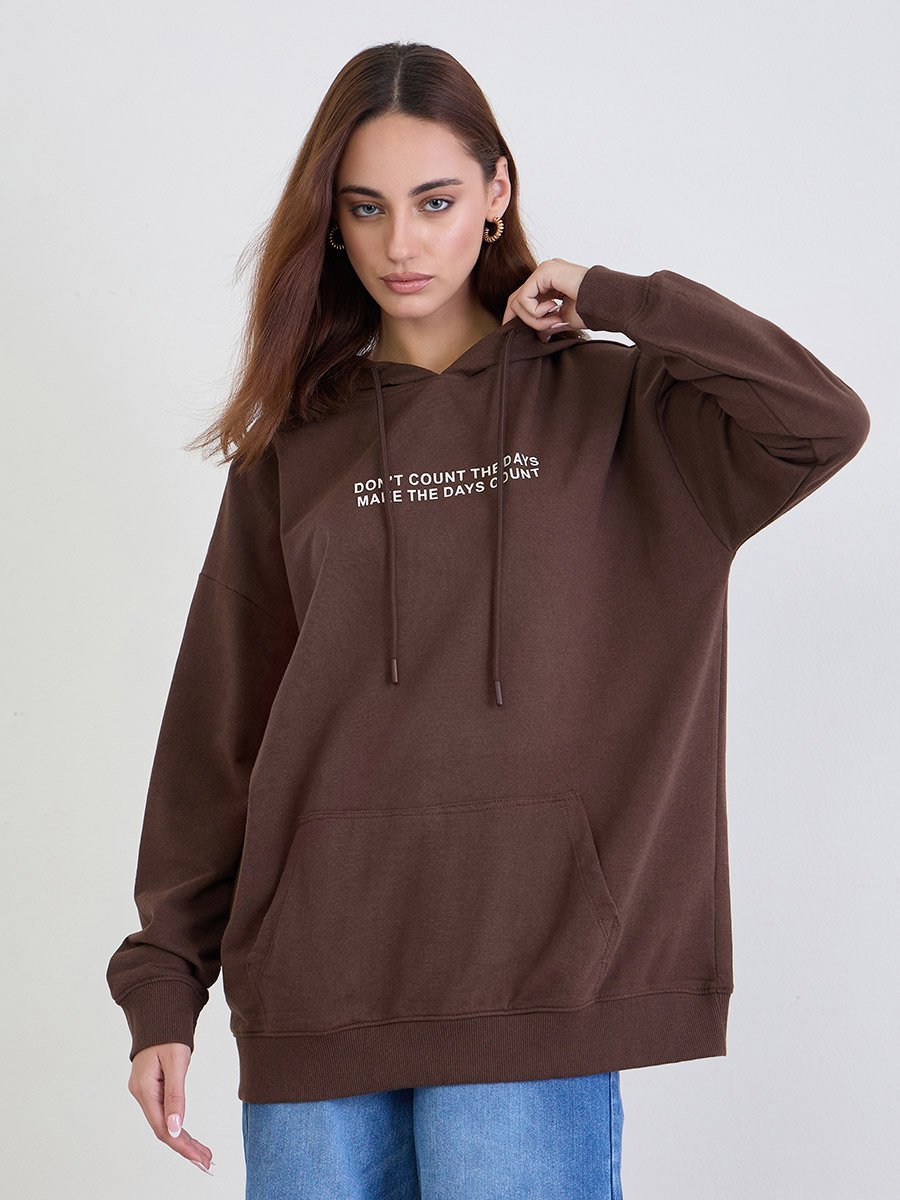 Brown Oversized Slogan Print Hoodie