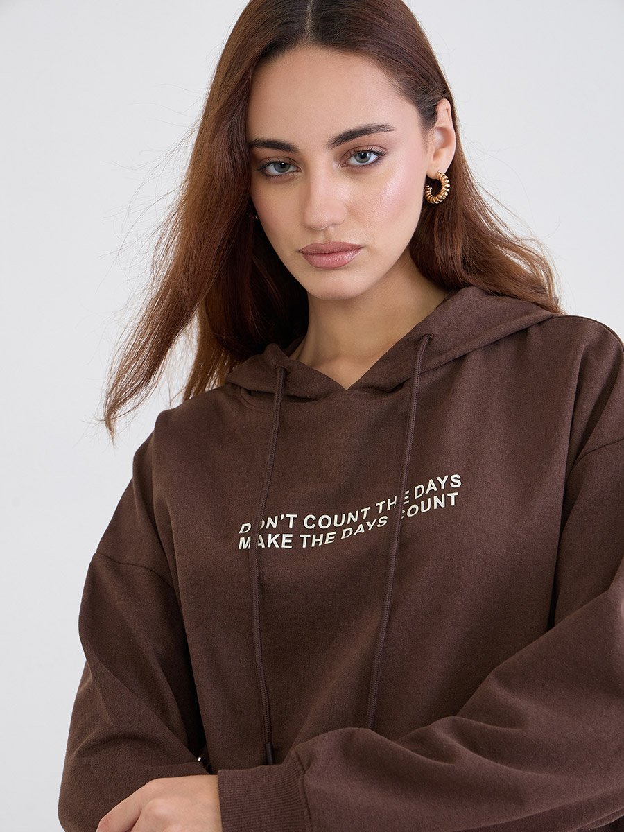 Brown Oversized Slogan Print Hoodie