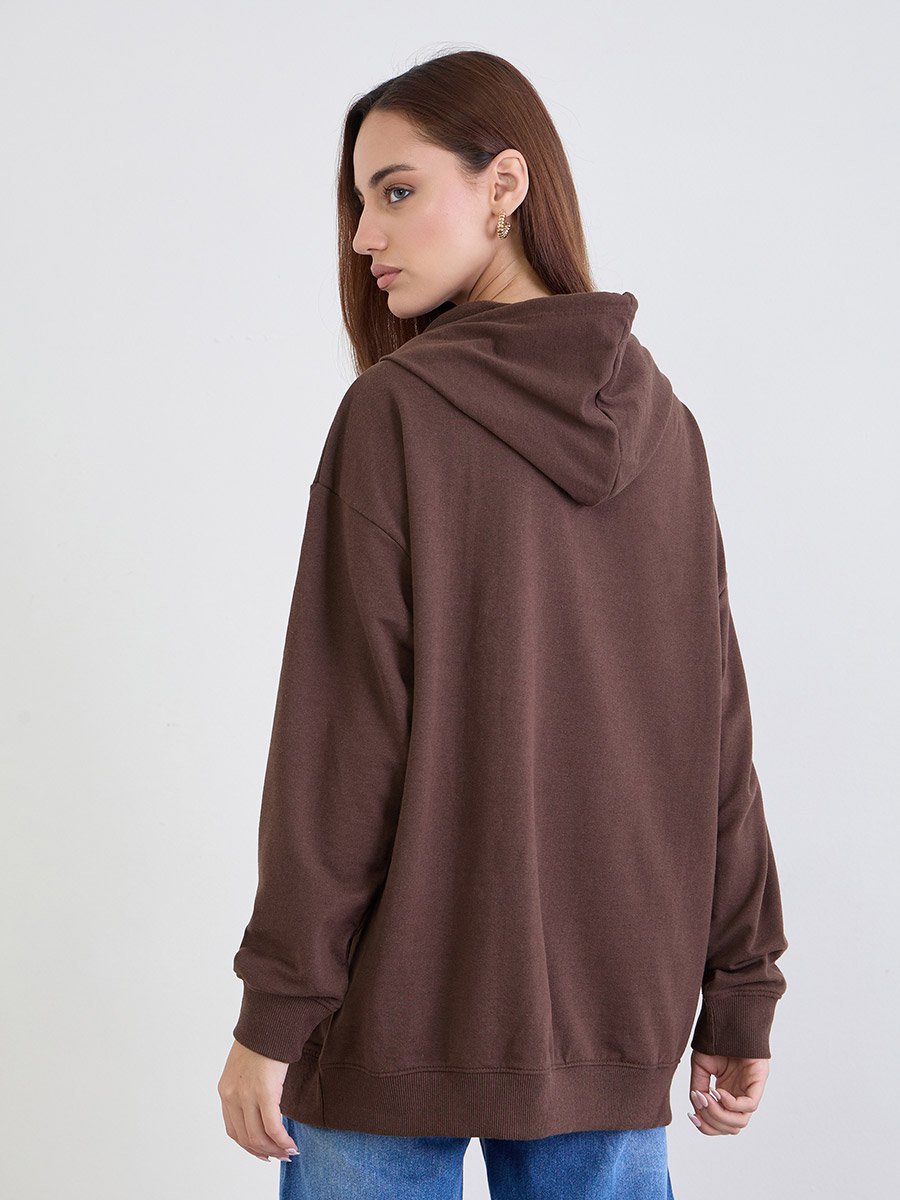 Brown Oversized Slogan Print Hoodie