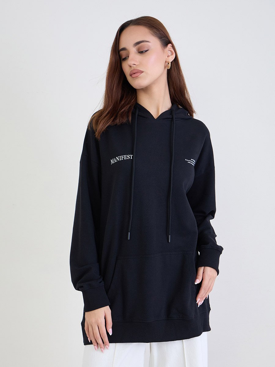 Black Oversized Longline Slogan Hoodie