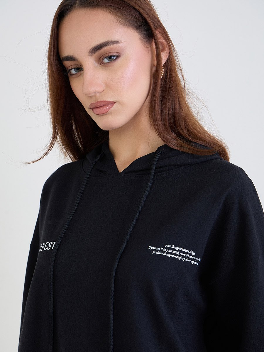 Black Oversized Longline Slogan Hoodie