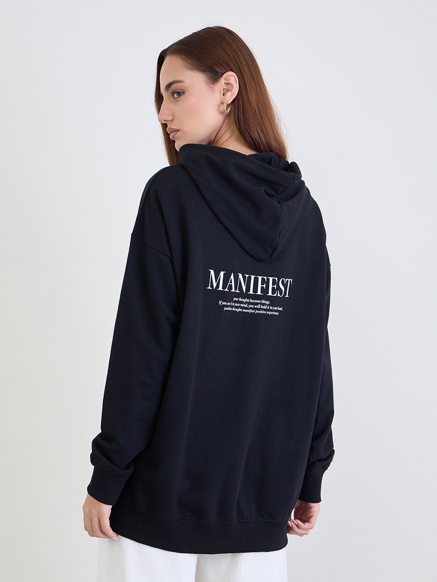 Black Oversized Longline Slogan Hoodie