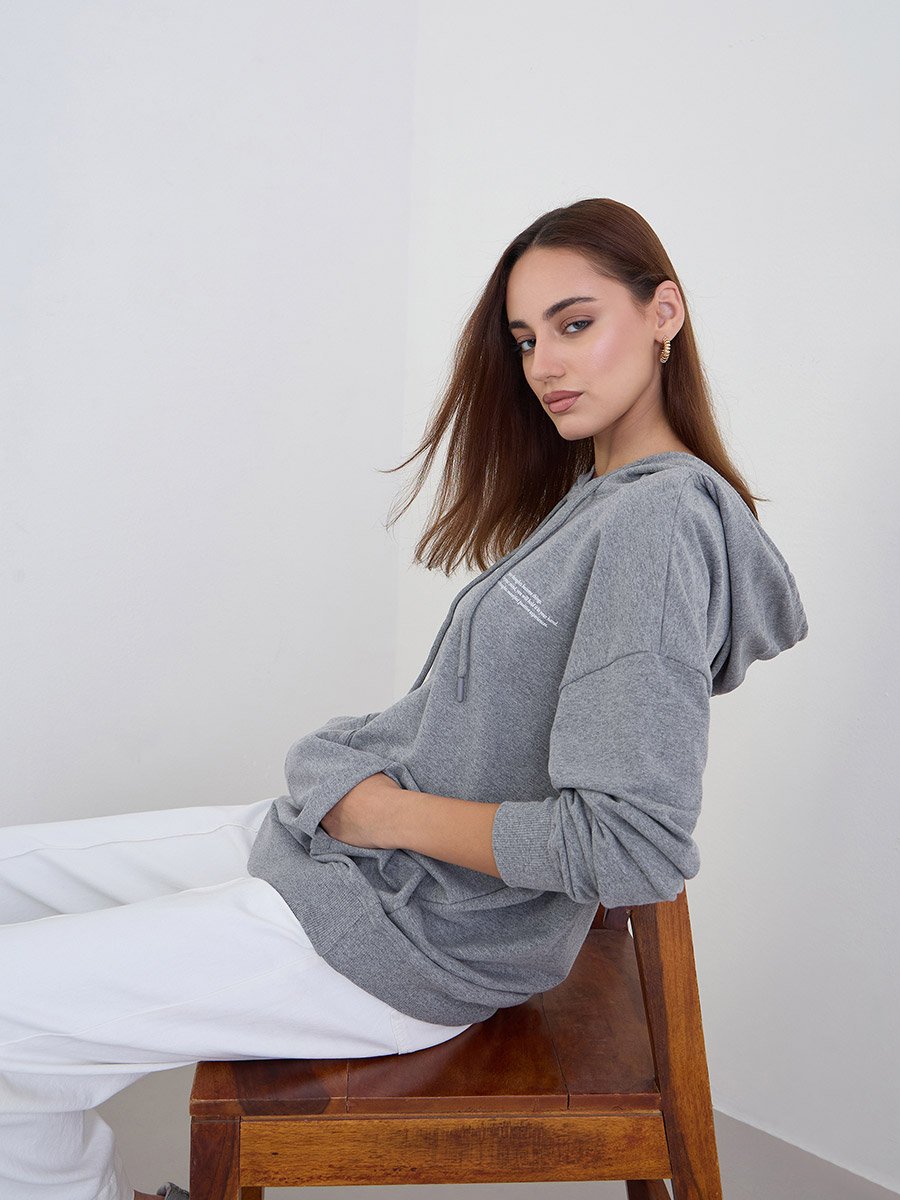 Grey Oversized Longline Slogan Hoodie
