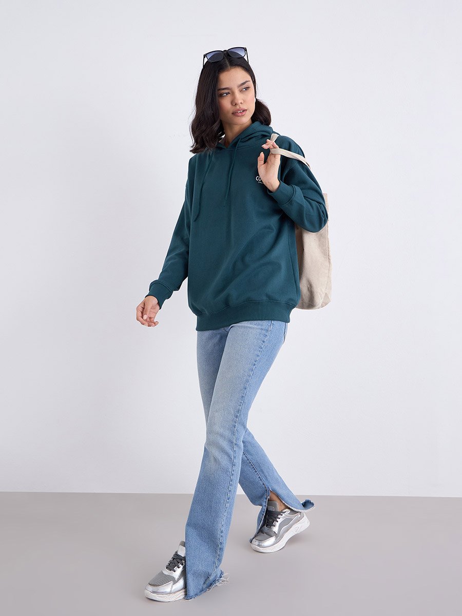Slogan Print Longline Regular Fit Hoodie