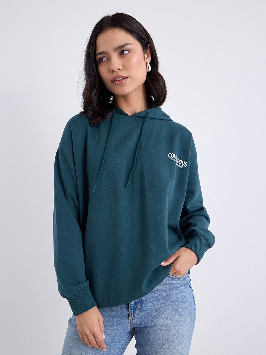 Slogan Print Longline Regular Fit Hoodie