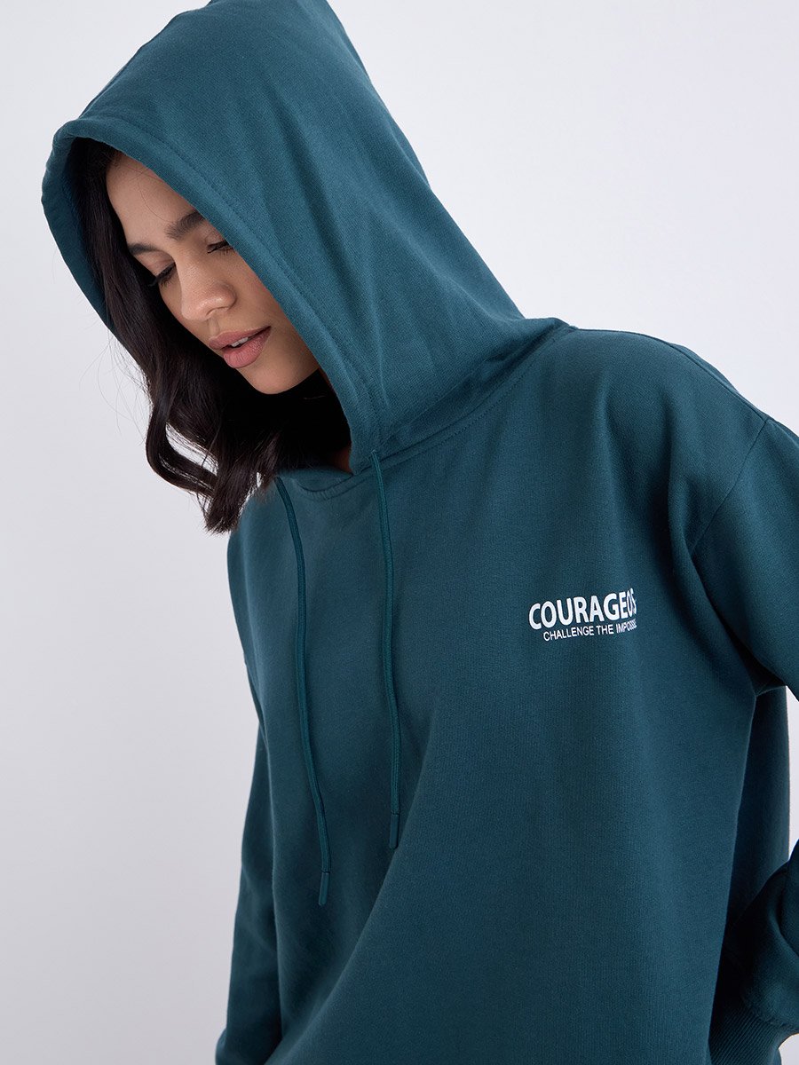 Slogan Print Longline Regular Fit Hoodie