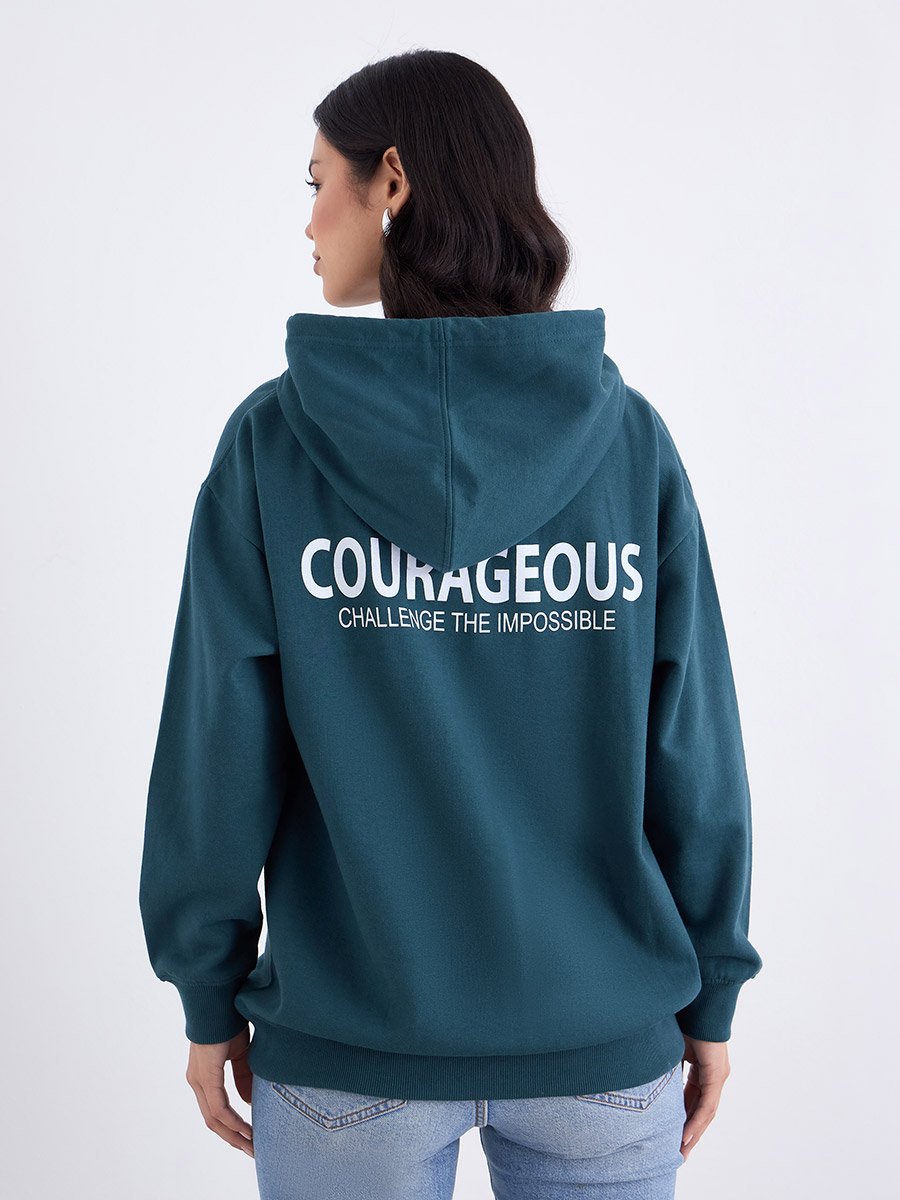 Slogan Print Longline Regular Fit Hoodie