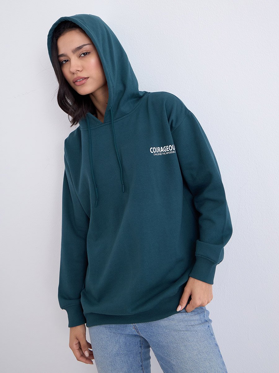 Slogan Print Longline Regular Fit Hoodie