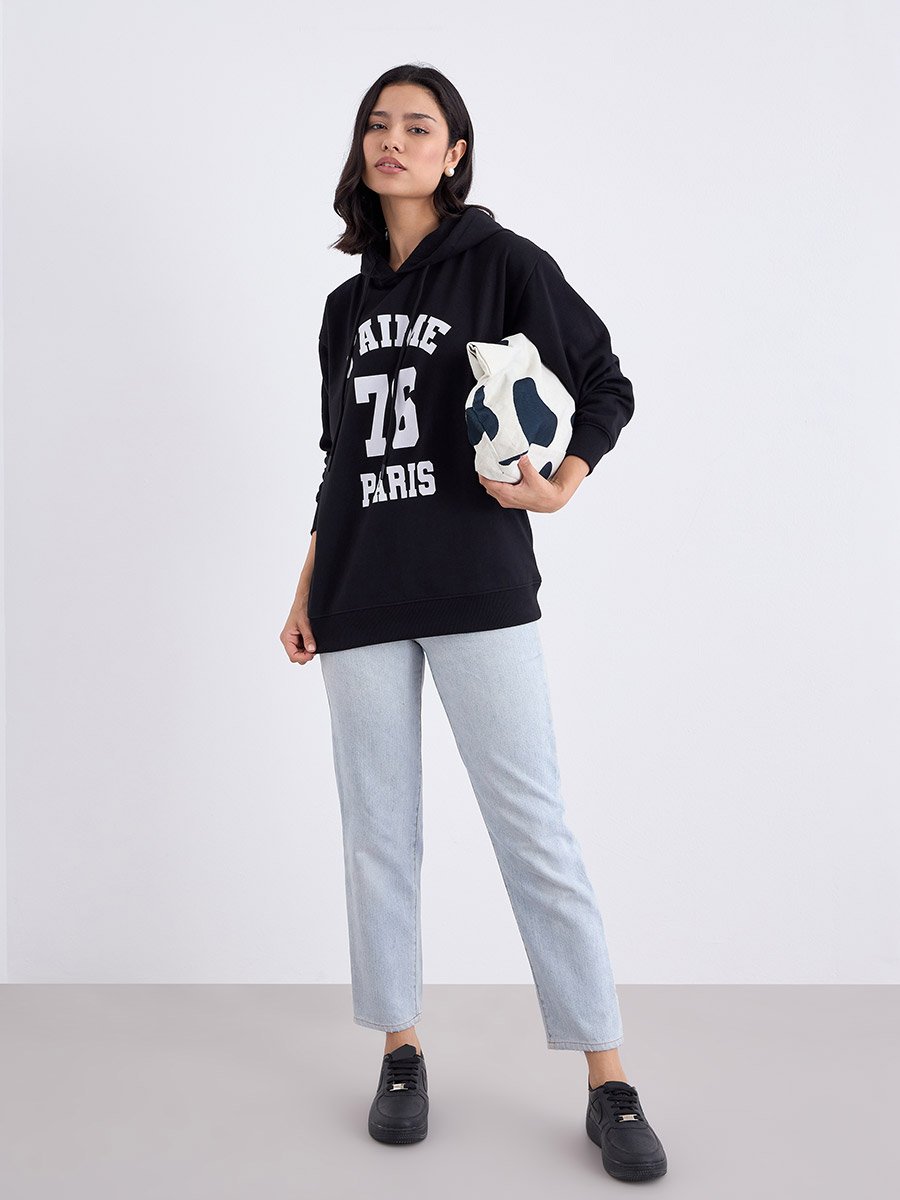 Black Longline Graphic Print Hoodie