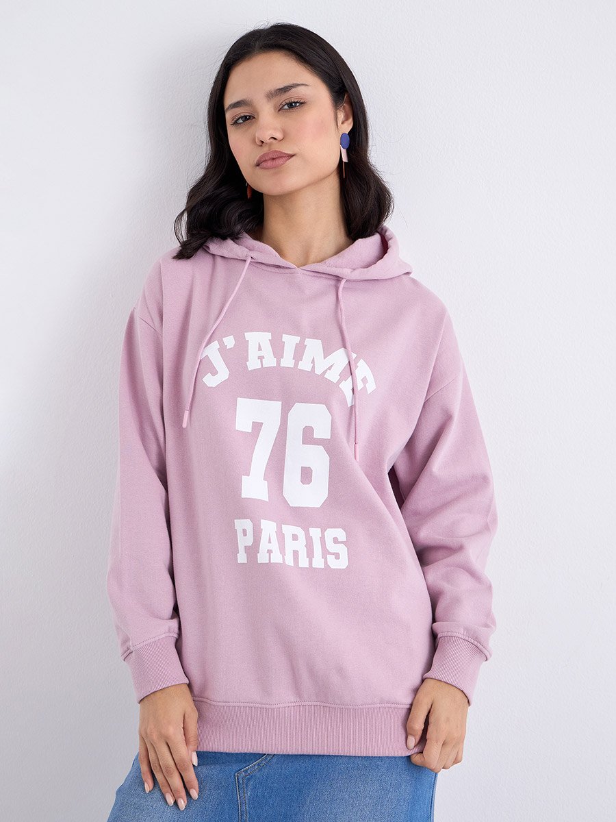 Pink Longline Graphic Print Hoodie