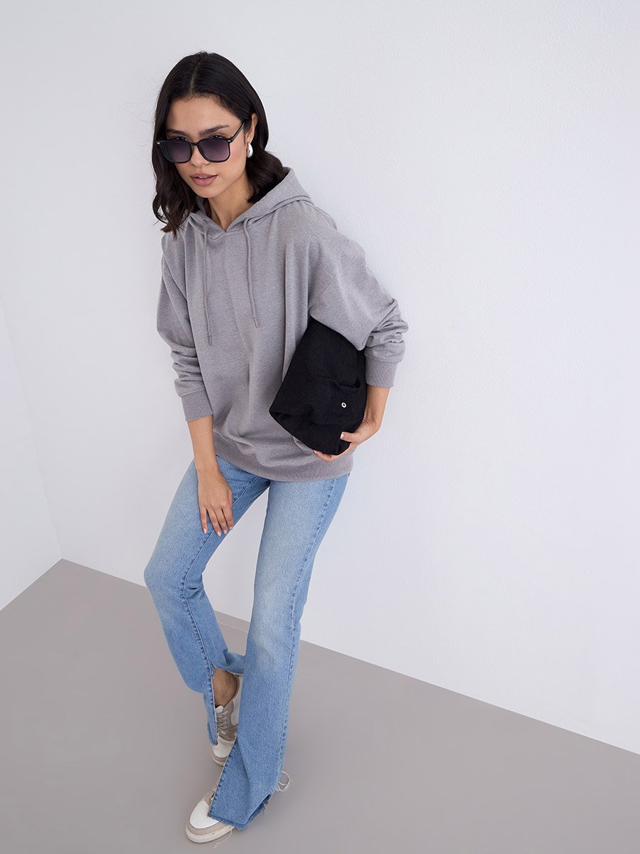 Grey Longline Slogan Print Hoodie